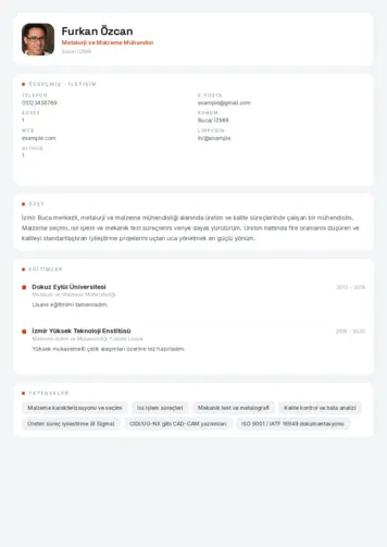 Metalürji Ve Malzeme Mühendisliği Cv Örnekleri cv indir